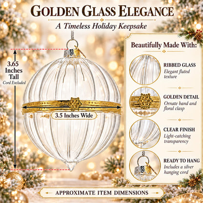 Openable Clear Ribbed Glass Gold Hinge Christmas Ornament