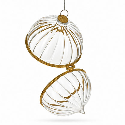 Openable Clear Ribbed Glass Gold Hinge Christmas Ornament