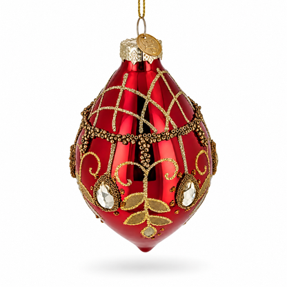 Burgundy Glass Drop Gold Leaf Crystal Christmas Ornament