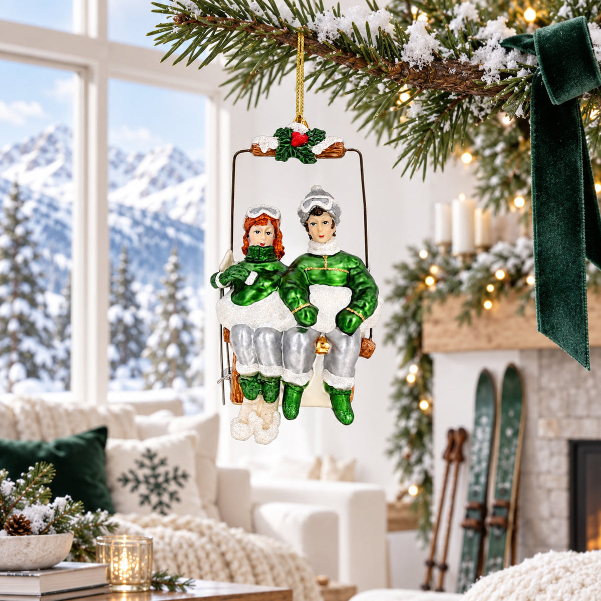 Retro Vintage Ski Lift Couple Glass Christmas Ornament