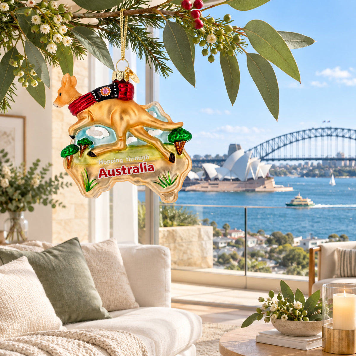 Australia Map Kangaroo Glass Christmas Ornament