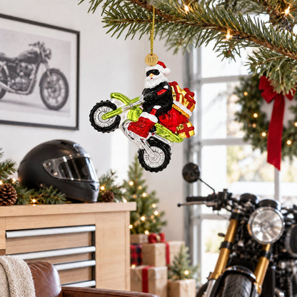 Biker Santa on Dirt Bike Motocross Glass Christmas Ornament