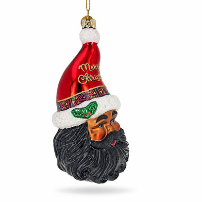 African American Black Santa Claus Head Glass Christmas Ornament
