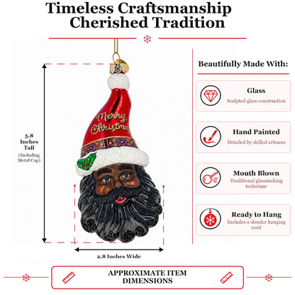 African American Black Santa Claus Head Glass Christmas Ornament