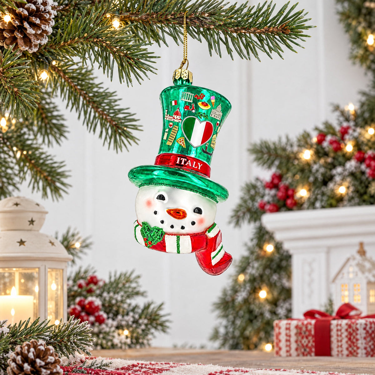 Italy Flag Snowman Head Green Top Hat Glass Christmas Ornament