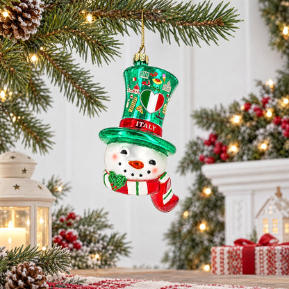 Italy Flag Snowman Head Green Top Hat Glass Christmas Ornament