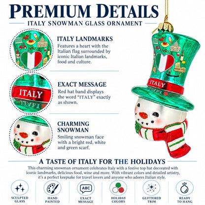 Italy Flag Snowman Head Green Top Hat Glass Christmas Ornament