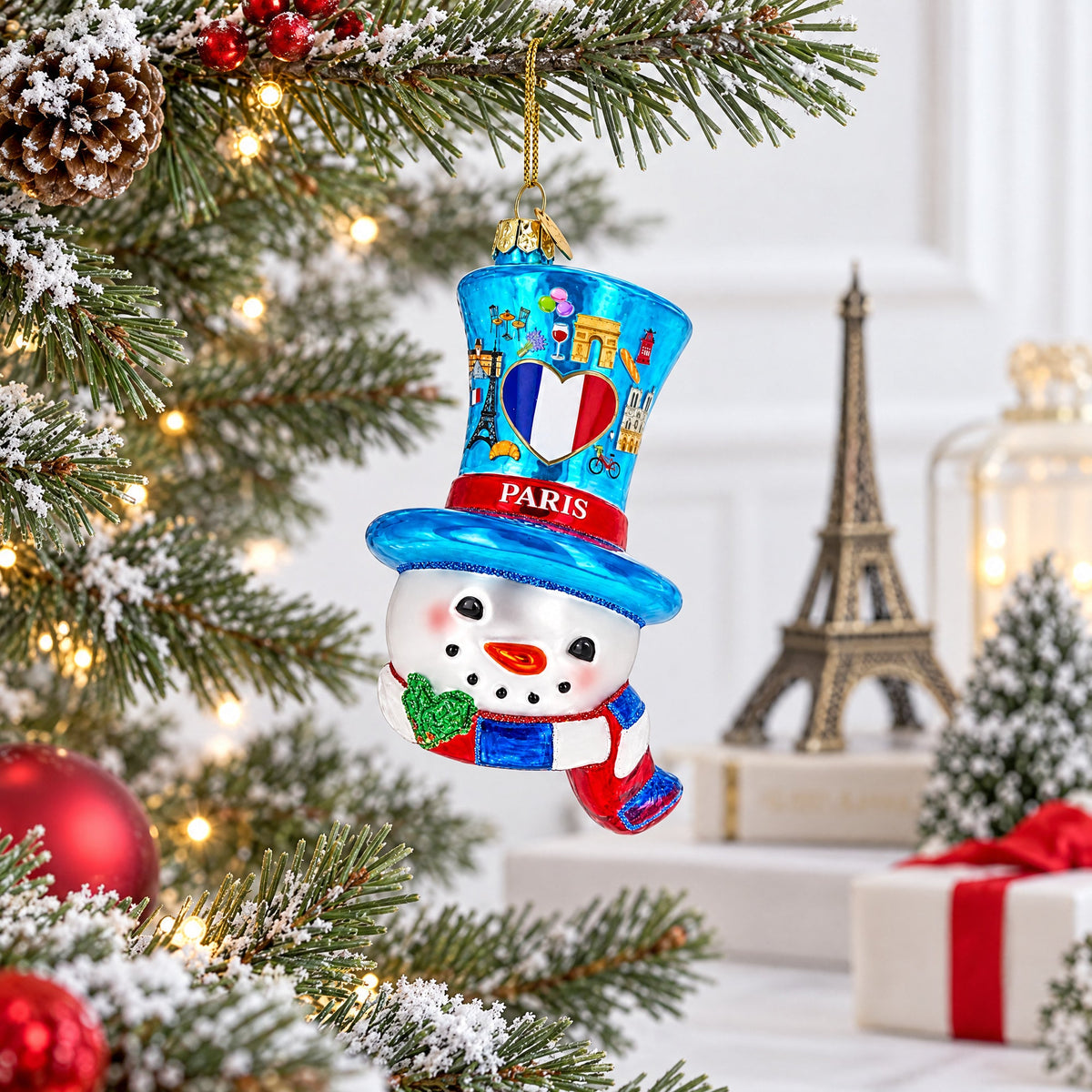 Paris France Theme Snowman Head Blue Top Hat Glass Christmas Ornament