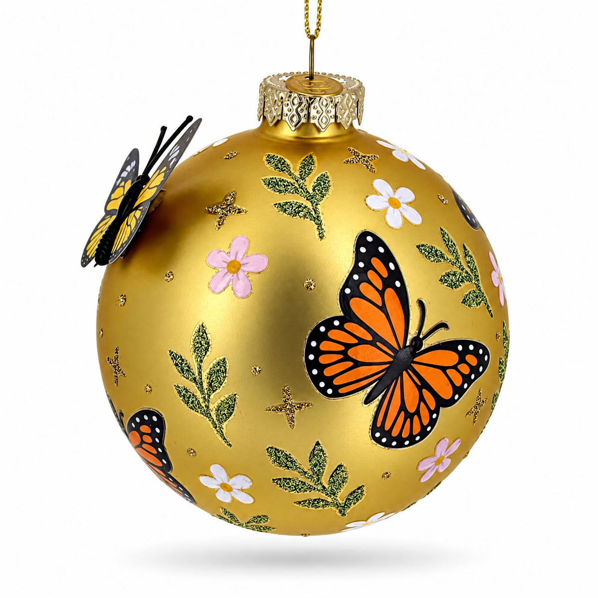 3D Yellow Butterfly Gold Round Ball Glass Christmas Ornament