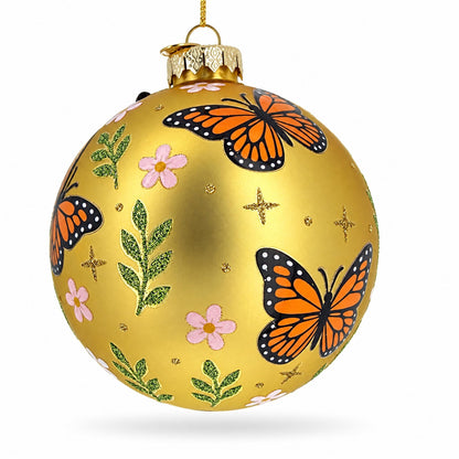 3D Yellow Butterfly Gold Round Ball Glass Christmas Ornament