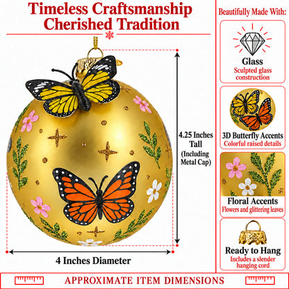 3D Yellow Butterfly Gold Round Ball Glass Christmas Ornament