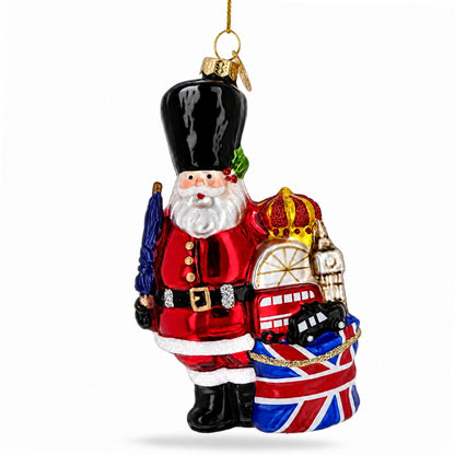 London Royal Guard Santa Union Jack Drum Glass Christmas Ornament