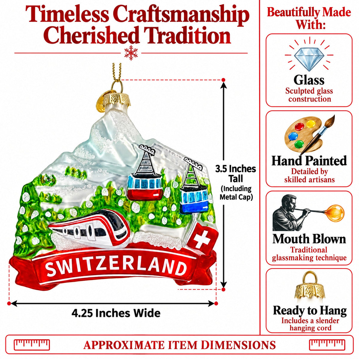Switzerland Mountain Cable Car And Train Glass Christmas Ornament