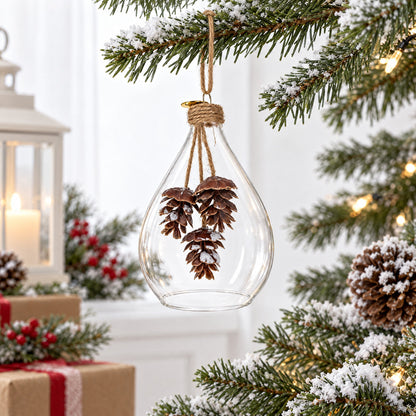 Clear Glass Teardrop With Frosted Pinecones Christmas Ornament