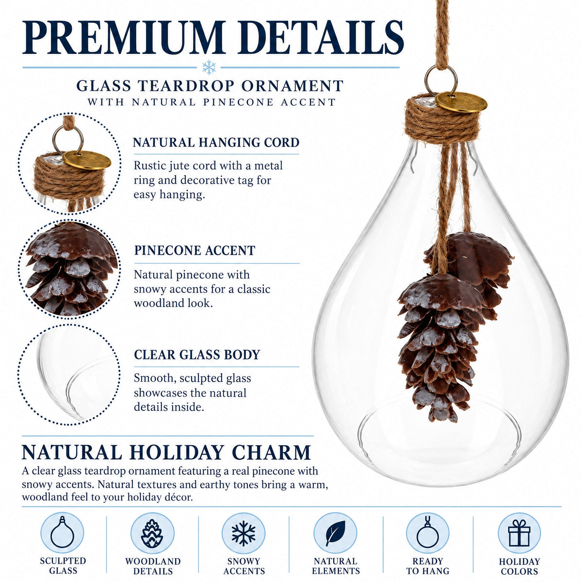 Clear Glass Teardrop With Frosted Pinecones Christmas Ornament