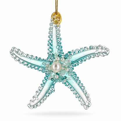 Light Blue Pearl Beaded Glass Starfish Christmas Ornament