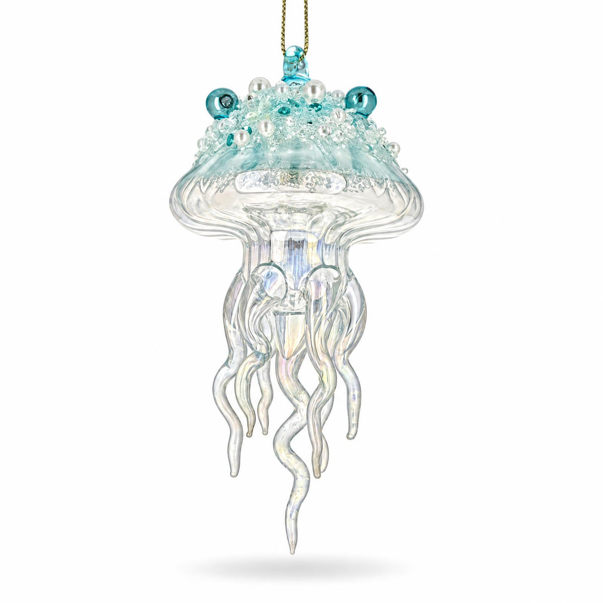 Aqua Pearl Beaded Clear Glass Jellyfish Christmas Ornament