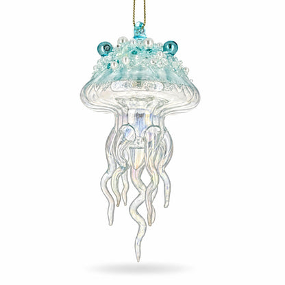 Aqua Pearl Beaded Clear Glass Jellyfish Christmas Ornament