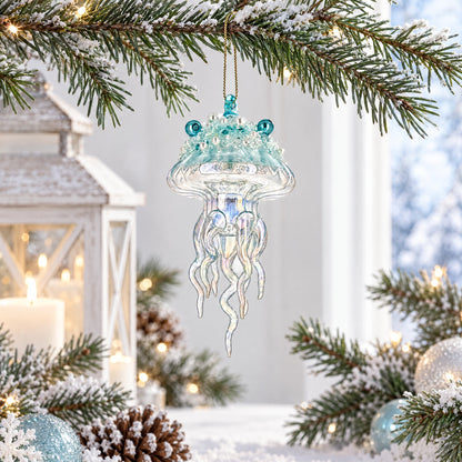 Aqua Pearl Beaded Clear Glass Jellyfish Christmas Ornament