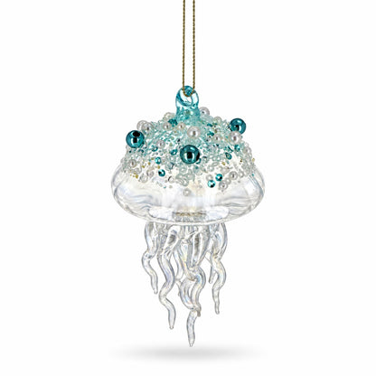 Aqua Pearl Beaded Clear Glass Jellyfish Christmas Ornament