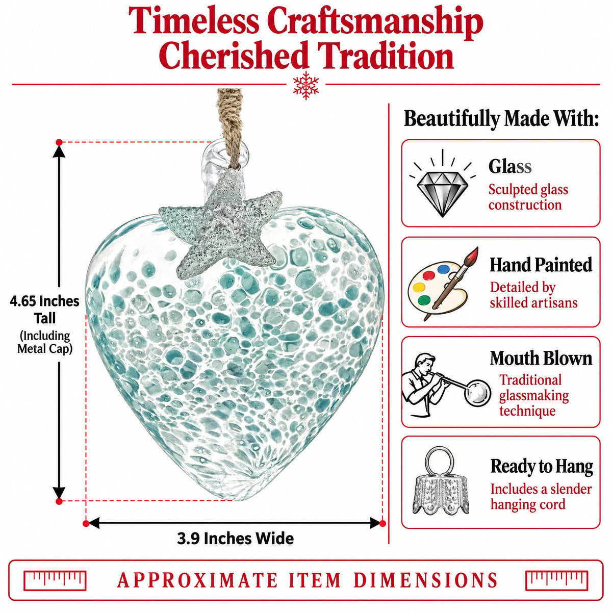 Blue Speckled Glass Heart With Starfish Christmas Ornament