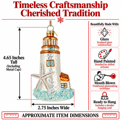 Nautical Lighthouse With Starfish Glass Christmas Ornament