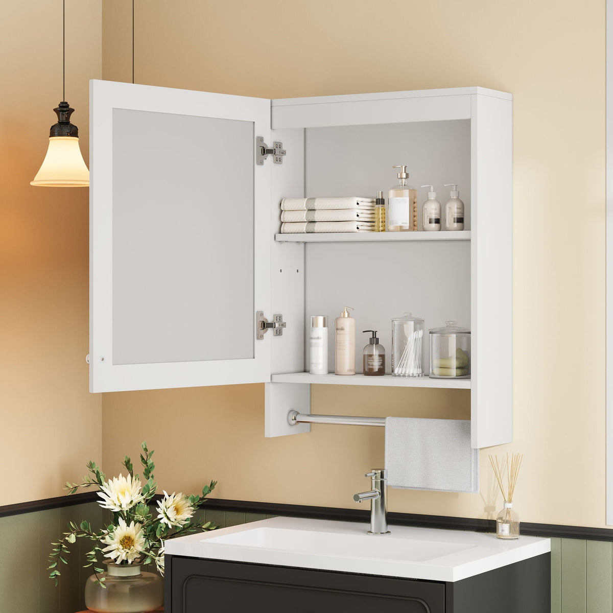 3 In 1 Wall Mounted Bathroom Mirror Cabinet With Adjustable Shelf, Soft Close Door, Mirror & Towel Bar - White