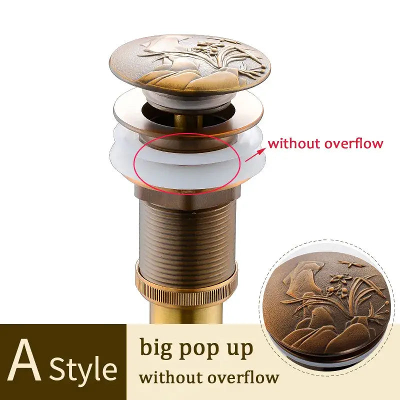 Decorative tree motif gold brass pop up drain bathroom sink
