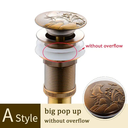 Decorative tree motif gold brass pop up drain bathroom sink