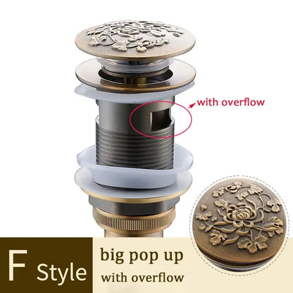 Decorative tree motif gold brass pop up drain bathroom sink