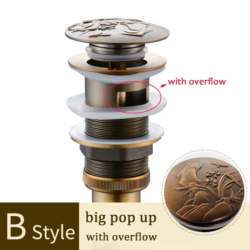 Decorative tree motif gold brass pop up drain bathroom sink