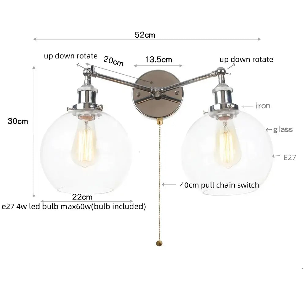 Modern chrome double glass led wall lamps bedroom sconce light fixtures