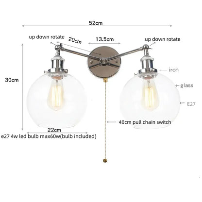 Modern chrome double glass led wall lamps bedroom sconce light fixtures