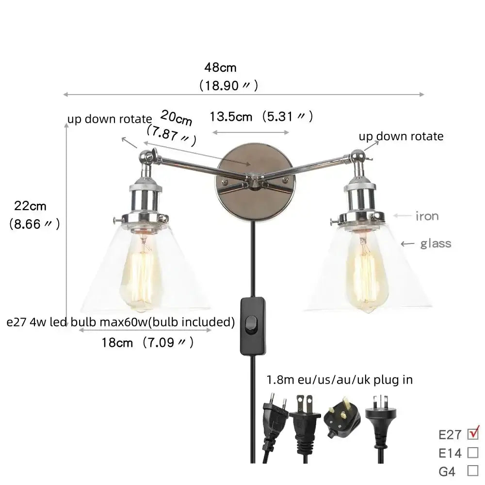 Modern chrome double glass led wall lamps bedroom sconce light fixtures