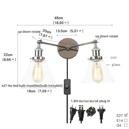 Modern chrome double glass led wall lamps bedroom sconce light fixtures