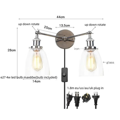 Modern chrome double glass led wall lamps bedroom sconce light fixtures