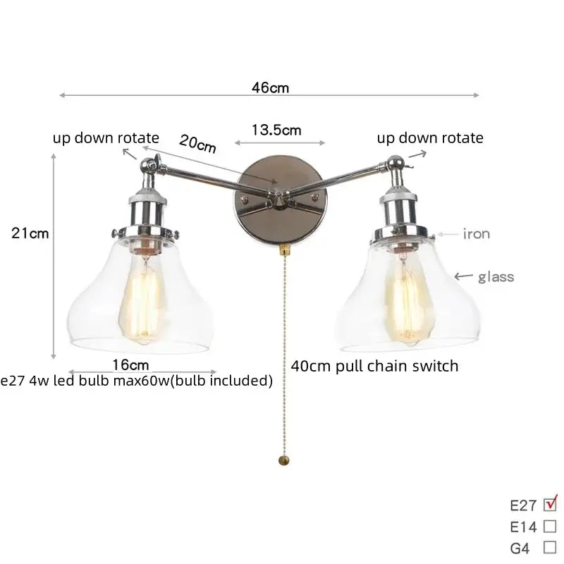 Modern chrome double glass led wall lamps bedroom sconce light fixtures