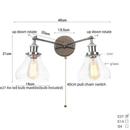 Modern chrome double glass led wall lamps bedroom sconce light fixtures
