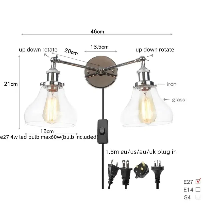 Modern chrome double glass led wall lamps bedroom sconce light fixtures