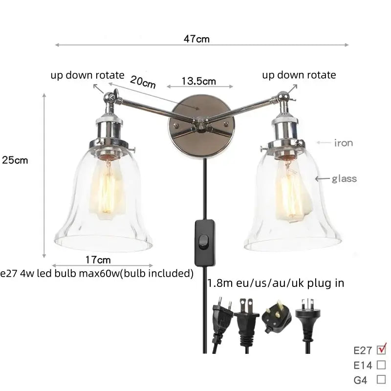 Modern chrome double glass led wall lamps bedroom sconce light fixtures