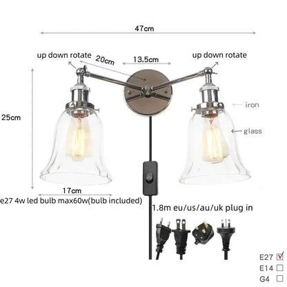 Modern chrome double glass led wall lamps bedroom sconce light fixtures