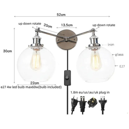 Modern chrome double glass led wall lamps bedroom sconce light fixtures