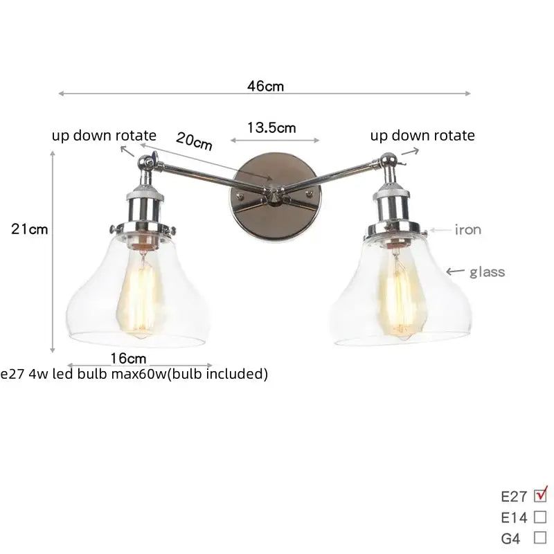Modern chrome double glass led wall lamps bedroom sconce light fixtures