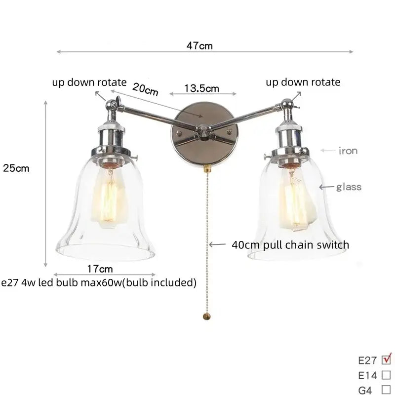 Modern chrome double glass led wall lamps bedroom sconce light fixtures