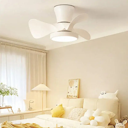 Modern white led ceiling fan with wooden blades bedroom light