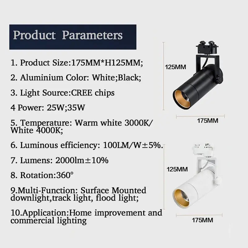 Modern white & black 25w dimmable led spotlight living room track light
