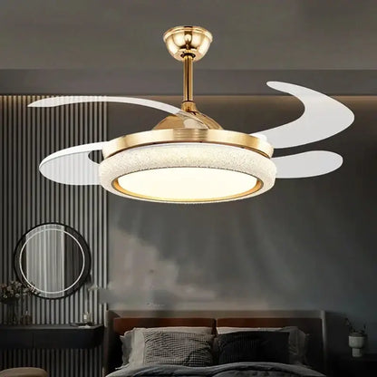 Gold crystal retractable ceiling fan light bedroom led fan light