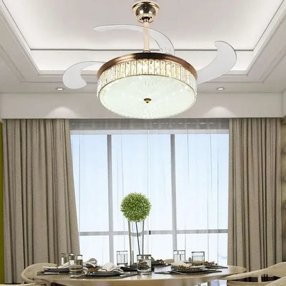 Modern gold crystal ceiling fan with retractable blades bedroom light