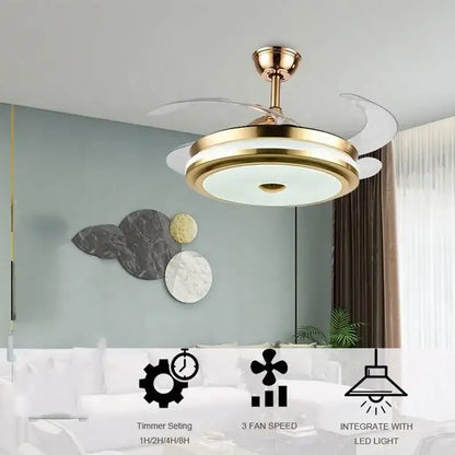 Modern gold retractable ceiling fan light living room remote control