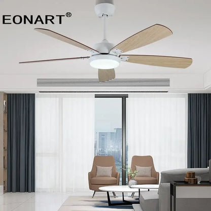 Modern black & white led ceiling fan with wood blades bedroom